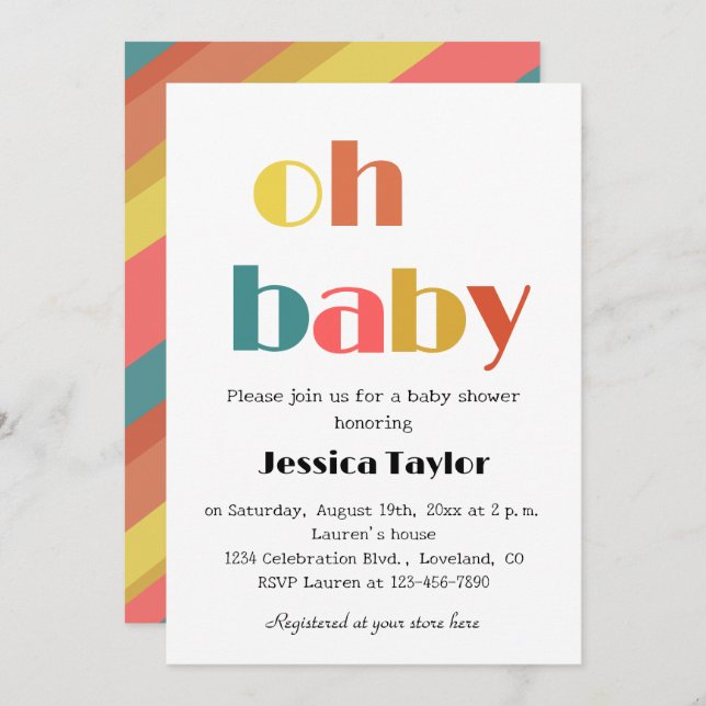 Oh Baby Retro Rainbow Baby Shower Einladung (Vorne/Hinten)