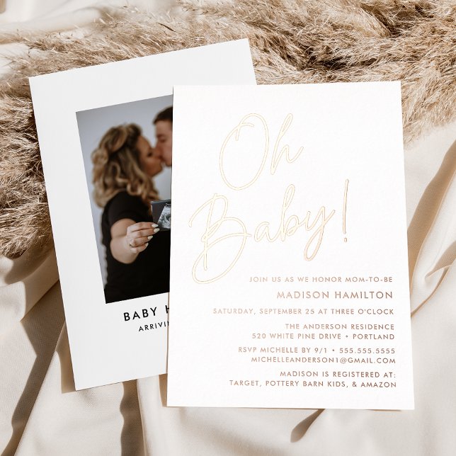 Oh Baby Rose Gold Script Foto Babydusche Folieneinladung (Von Creator hochgeladen)