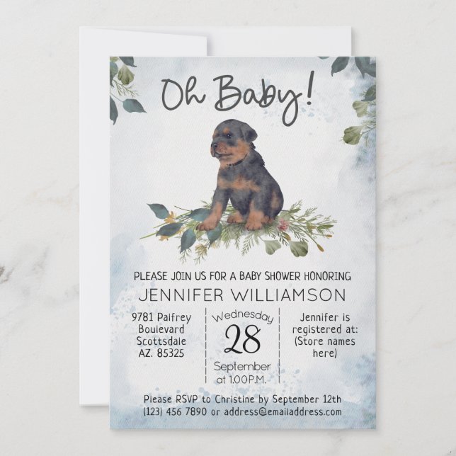 Oh, Baby! Rottweiler Puppy Dog Babydusche Einladung (Vorderseite)