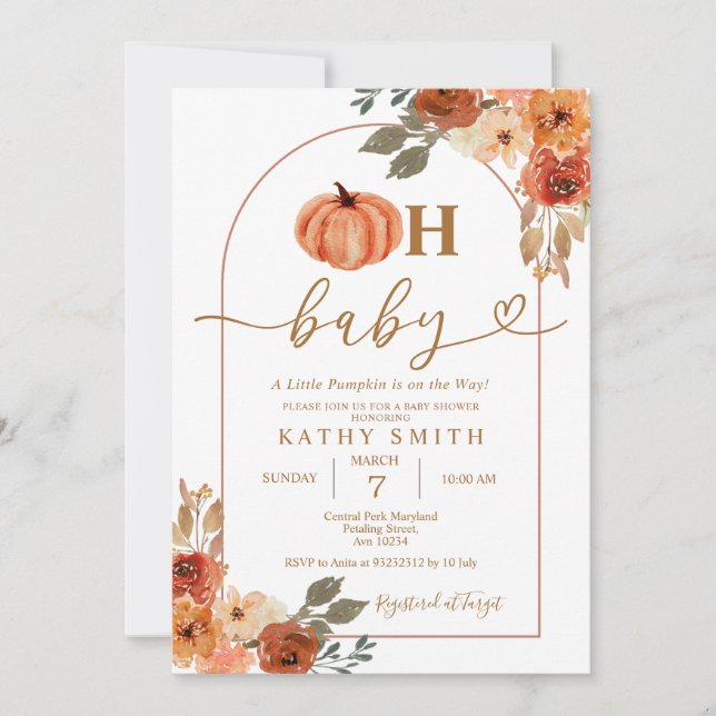Oh Baby Rustic Boho Floral Pumpkin Baby Dusche Einladung (Vorderseite)