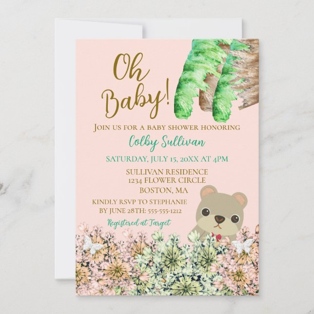 Oh Baby Rustic Greenery Teddy Bear Baby Dusche Einladung (Vorderseite)