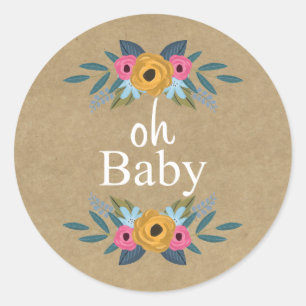 Oh, Baby! Rustic Kraft Blumenkleider Baby Dusche Runder Aufkleber