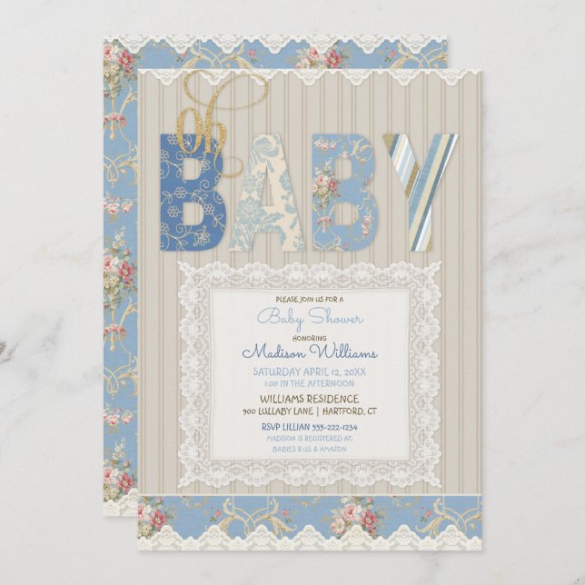 Oh Baby Rustic Wood Lace Blue Elvory Junge Einladung (Vorne/Hinten)