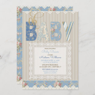 Oh Baby Rustic Wood Lace Blue Ivory Boy Einladung