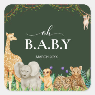 Oh baby Safar Animal Jungle Greenery Baby Shower Quadratischer Aufkleber