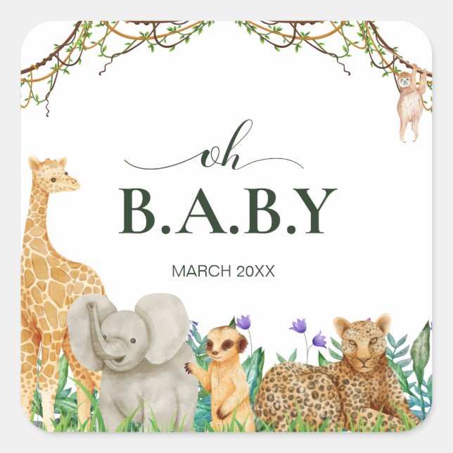 Oh baby Safar Animal Jungle Greenery Baby Shower Quadratischer Aufkleber (Vorderseite)