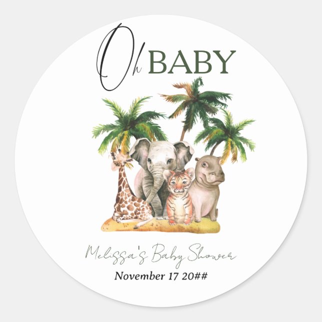 Oh Baby Safari Wild Animals Tropical Baby Shower Runder Aufkleber (Vorderseite)