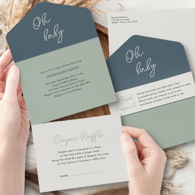Oh Baby Sage Green Books Diapers und Baby Shooter All In One Einladung (All-in-One Invitation, Diaper Raffle + Book Request from my Tricolor Baby Shower Collection)
