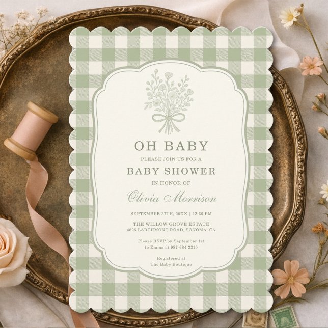 Oh Baby Sage Green Gingham Baby Shower Einladung (Von Creator hochgeladen)