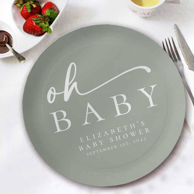 Oh Baby Sage Green Minimalistisch Baby Dusche Pappteller (Von Creator hochgeladen)