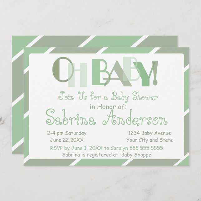 Oh Baby Sage Green Moderne Whimsical Baby Dusche Einladung (Vorne/Hinten)