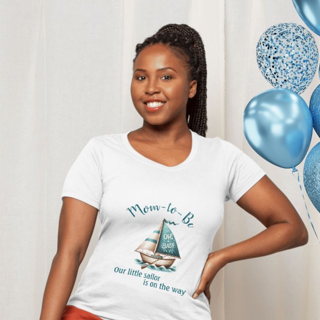"Oh, Baby" Sailboat Mama-to-Be T - Shirt Blue Desi ("Oh, Baby" Mom-to-Be Little Sailor Baby Shower T-Shirt)