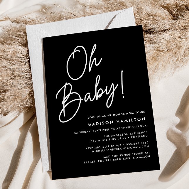 Oh Baby Script Black Minimalistisch Baby Dusche Einladung (Von Creator hochgeladen)