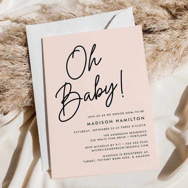 Oh, Baby Script Blush Minimalistisch Baby Dusche Einladung (Von Creator hochgeladen)