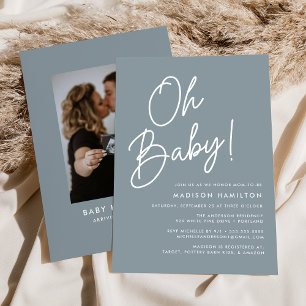 Oh Baby Script Dusty Blue Foto Baby Dusche Einladung