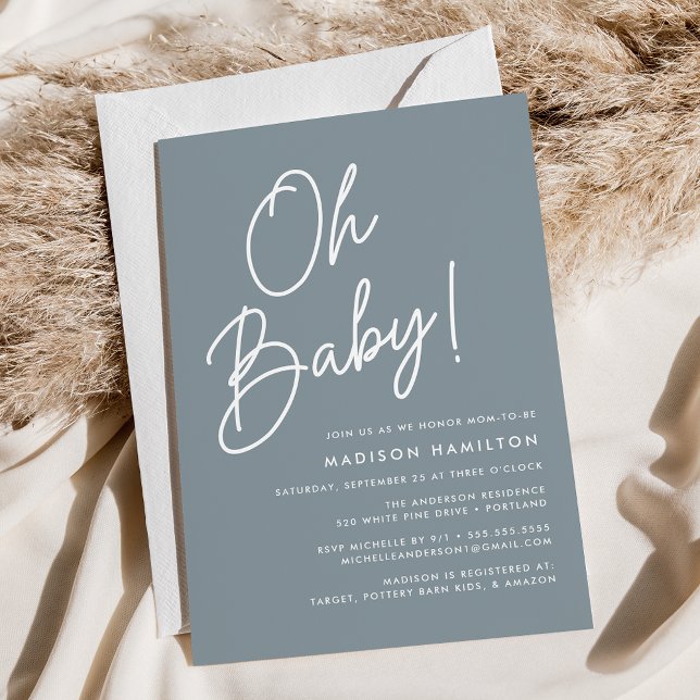 Oh Baby Script Dusty Blue Minimalistisch Baby Dusc Einladung (Von Creator hochgeladen)