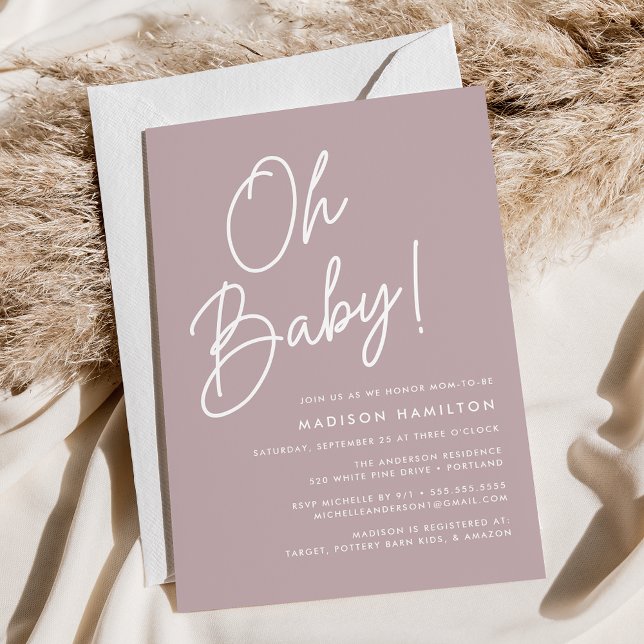 Oh Baby Script Dusty Lila Minimalistische Babydusc Einladung (Von Creator hochgeladen)