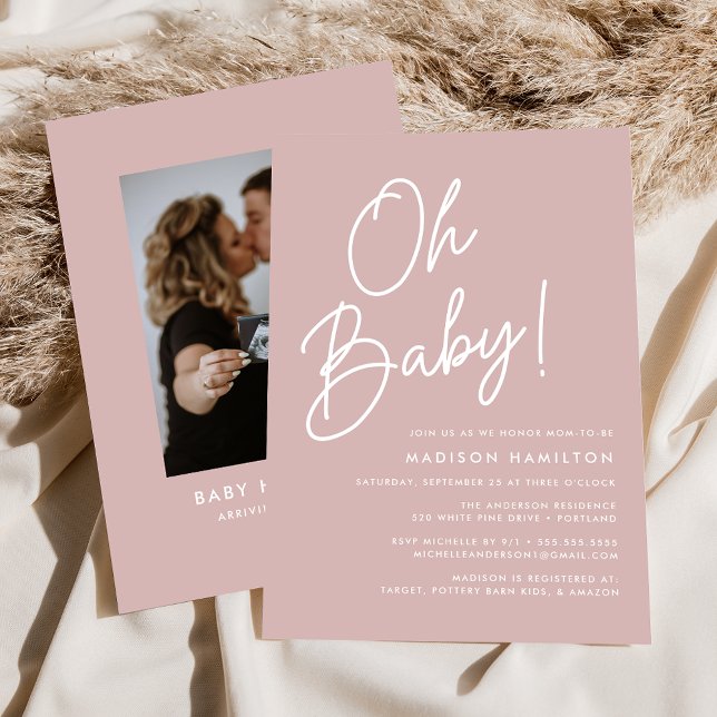 Oh Baby Script Dusty Rose Foto Babydusche Einladung (Von Creator hochgeladen)