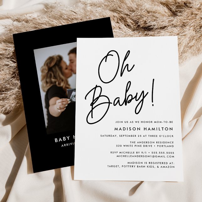 Oh Baby Script Minimalistisch Foto Babydusche Einladung (Von Creator hochgeladen)