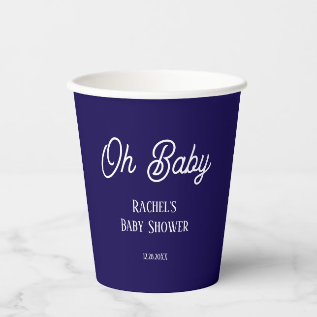 Oh Baby Script Navy Blue Boys Girls Baby Dusche Pappbecher (Vorderseite)