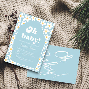 Oh Baby Shower   Blue Retro Daisy 70er Einladung