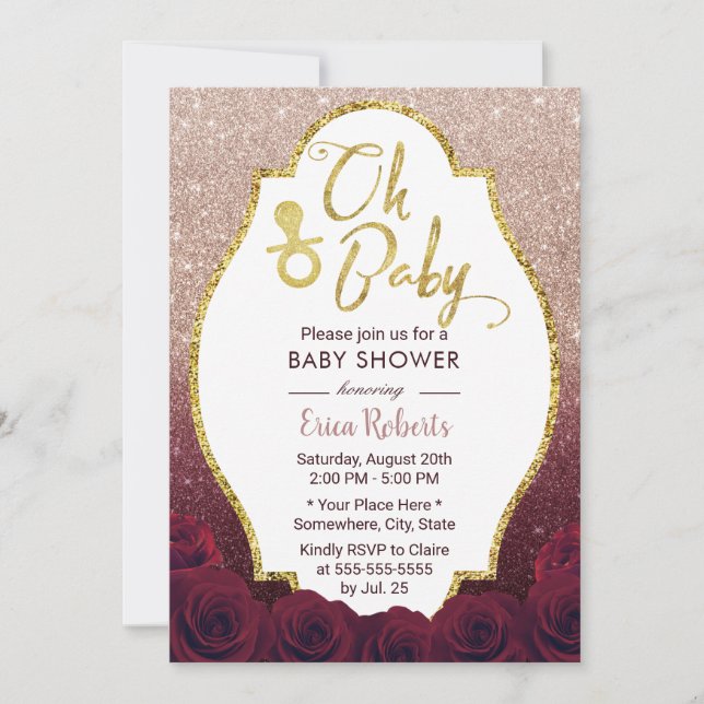 Oh Baby Shower Burgundy & Rose Gold Ombre Glitzer Einladung (Vorderseite)