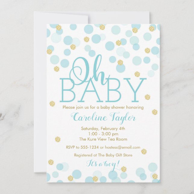 Oh Baby Shower Einladung Boy Blue Gold Glitzer (Vorderseite)