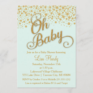 Oh Baby Shower Einladung   Minze und Gold-Glitzer