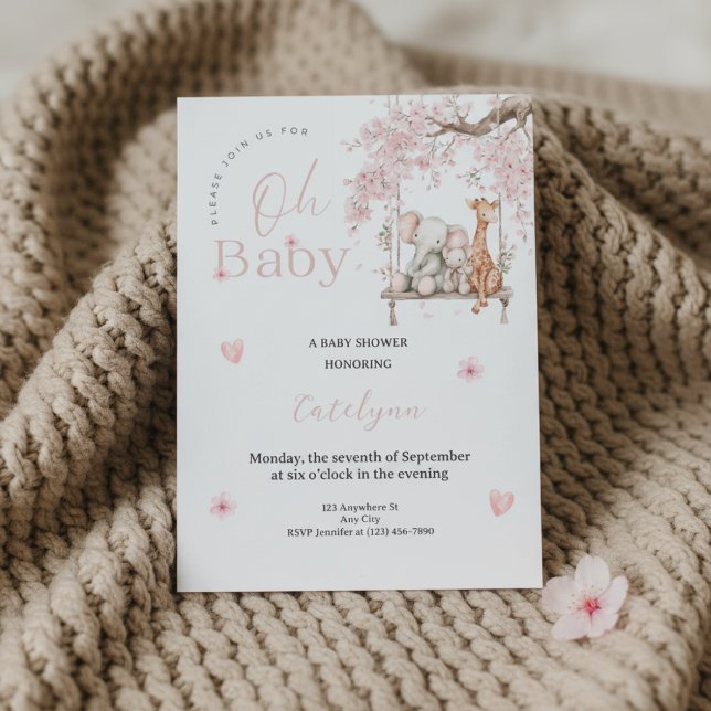Oh Baby Shower Invitation • Cherry Blossom Theme Einladung (Soft beige knit blanket with Oh Baby shower invitation and pink blossom accents)