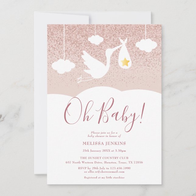 Oh Baby Shower Storch Rose Gold Glitzer Einladung (Vorderseite)
