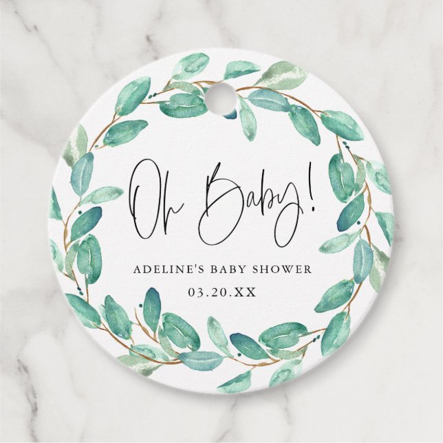 Oh Baby Simple Eucalyptus Blätter Baby Shower Geschenkanhänger (Vorderseite)