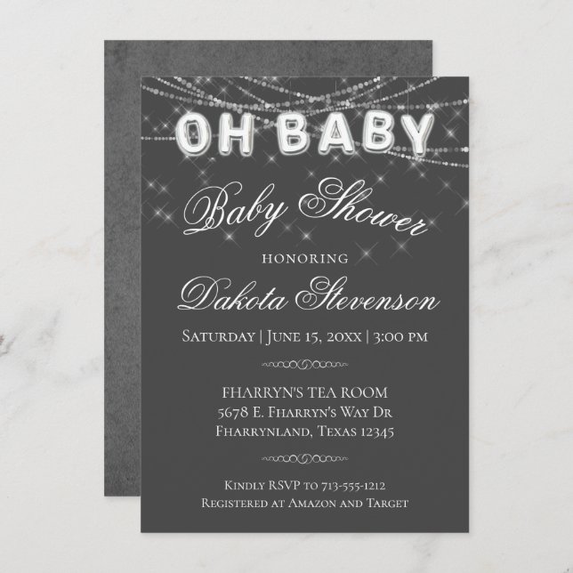 Oh Baby String Light | Dunkelgraue Ballondusche Einladung (Vorne/Hinten)
