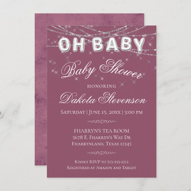 Oh Baby String Light | Millennial Pink Balloon Einladung (Vorne/Hinten)
