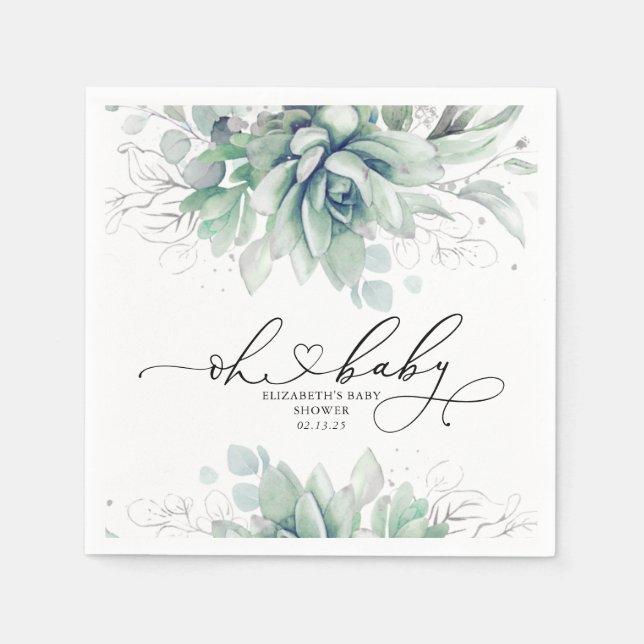 Oh Baby Succulents Silver Greenery Baby Dusche Serviette (Vorderseite)