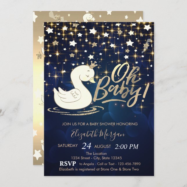 Oh Baby Swan Crown Gold Stars Baby Dusche Einladung (Vorne/Hinten)