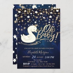 Oh Baby Swan Crown Stars Navy Blue Baby Dusche Einladung