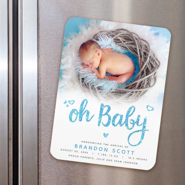Oh Baby Sweet Bold Modern Blue Boy Birth Foto Magnet (Von Creator hochgeladen)