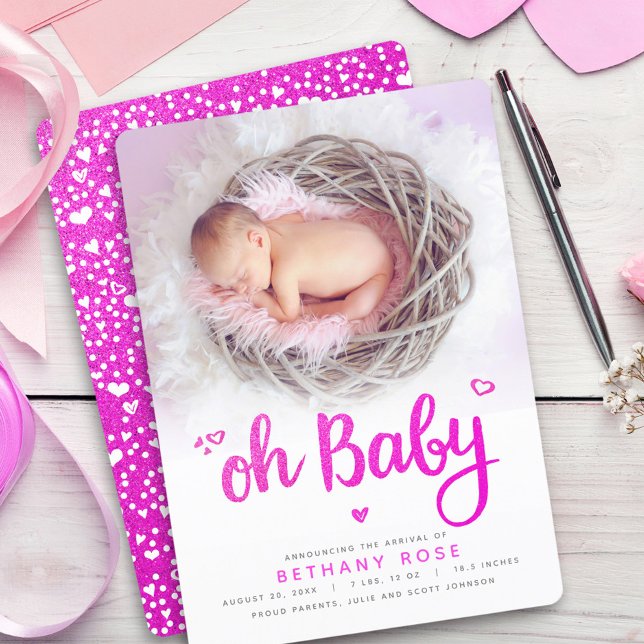 Oh Baby Sweet Girl Foto Pink Hearts Script Birth Ankündigung (Von Creator hochgeladen)