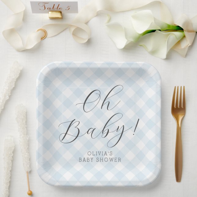 Oh Baby! Sweet Light Blue Gingham Baby Shower Pappteller (Hochzeit)