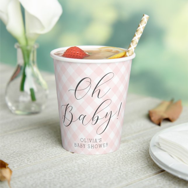 Oh, Baby! Sweet Light Pink Gingham Baby Shower Pappbecher (In Situ)