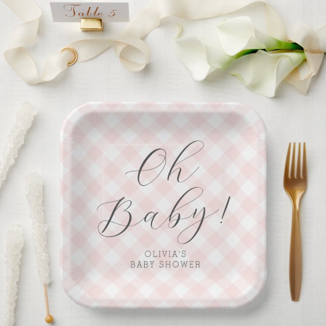 Oh, Baby! Sweet Light Pink Gingham Baby Shower Pappteller (Hochzeit)
