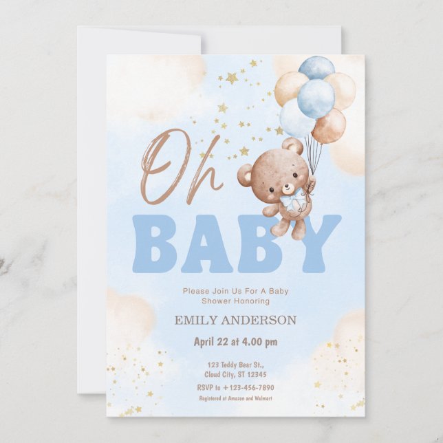 Oh Baby Teddy Bear Balloons Boy Baby Shower  Einladung (Vorderseite)