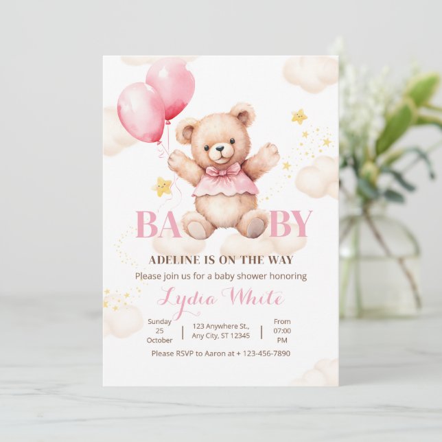 Oh Baby Teddy Bear mit Balloon Girl Babydusche Einladung (Stehend Vorderseite)