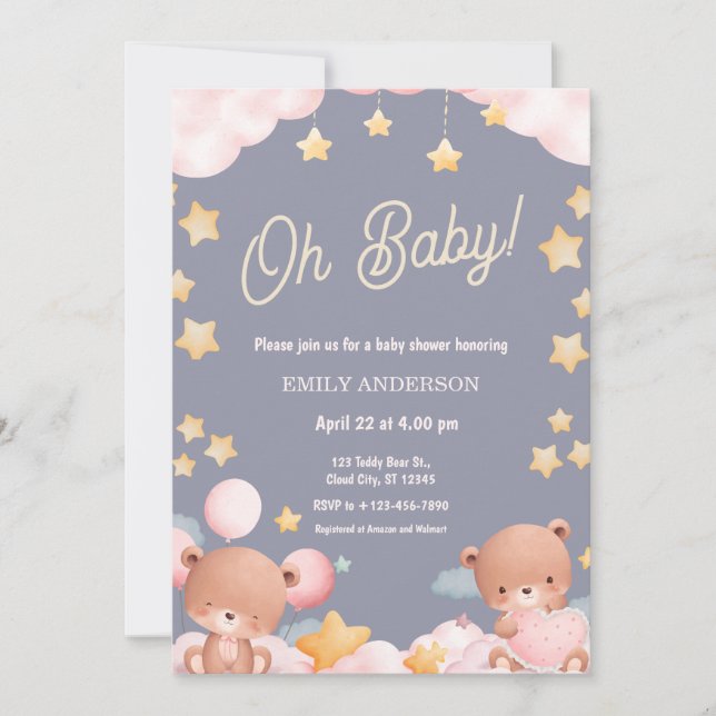 Oh Baby Teddy Bear Twinkle Little Star Baby Shower Einladung (Vorderseite)