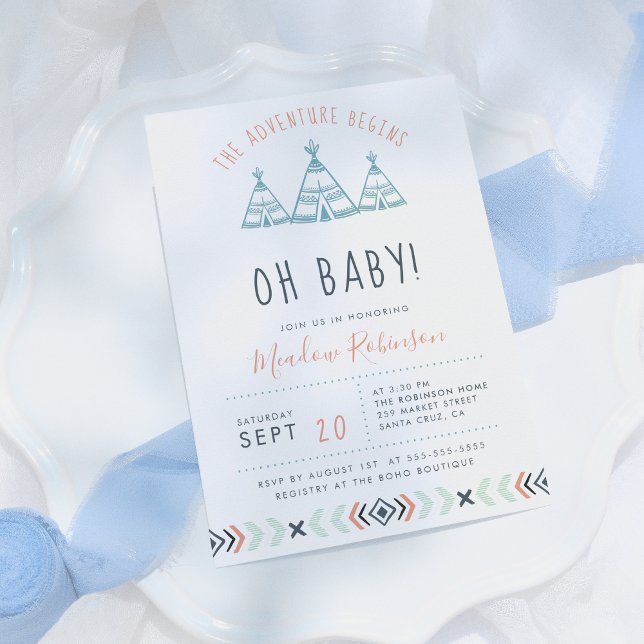 Oh Baby Tribal TeePee Adventure Begins Baby Shower Einladung (Von Creator hochgeladen)