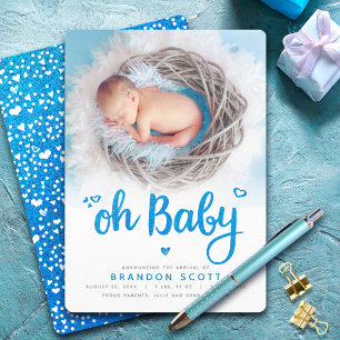 Oh Baby Turquoise Glitzer Script Foto Boy Birth Ankündigung