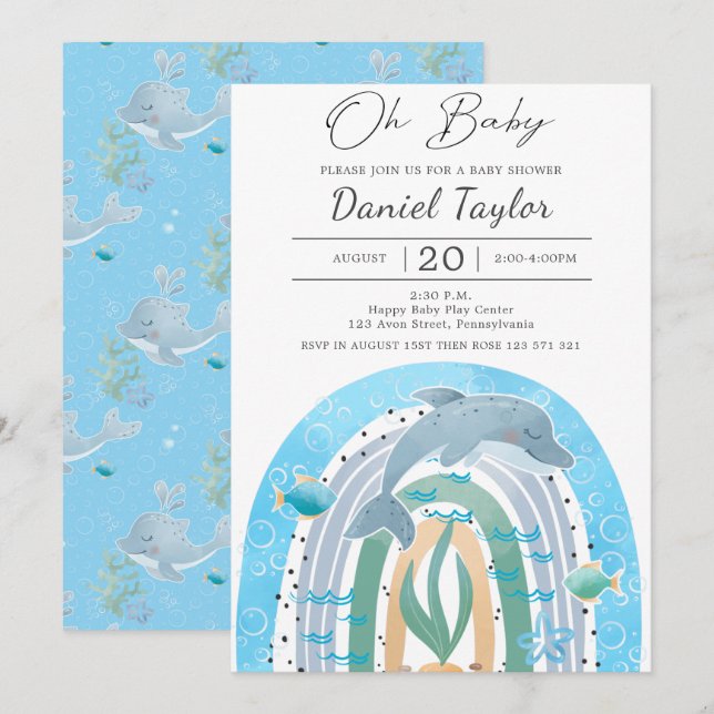 Oh Baby Watercolor Delphin Baby Dusche Einladung (Vorne/Hinten)