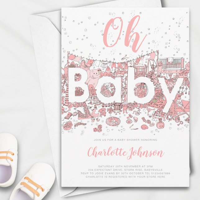 Oh Baby Watercolor Pink Babydusche Einladung (Oh baby pink watercolor baby shower Invitation )
