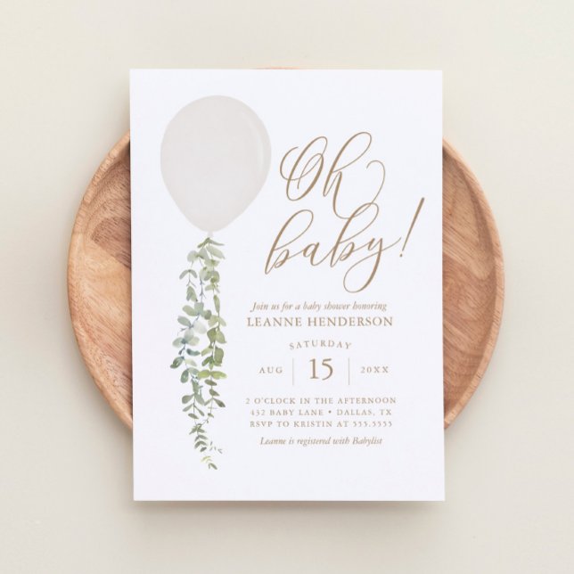 Oh Baby White Balloon Eucalyptus Baby Dusche Einladung (Von Creator hochgeladen)