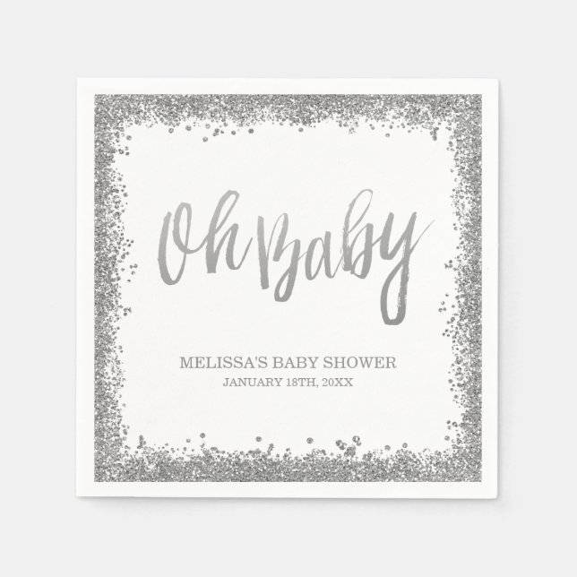 Oh Baby White Silver Imitate Glitzer Babydusche Serviette (Vorderseite)